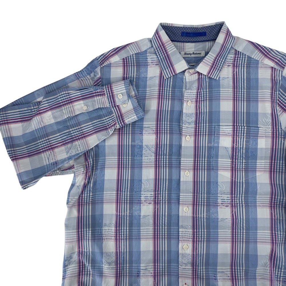 Tommy Bahama Mens Large Blue Red Plaid Silk Blend Jacquard Long Sleeve Shirt